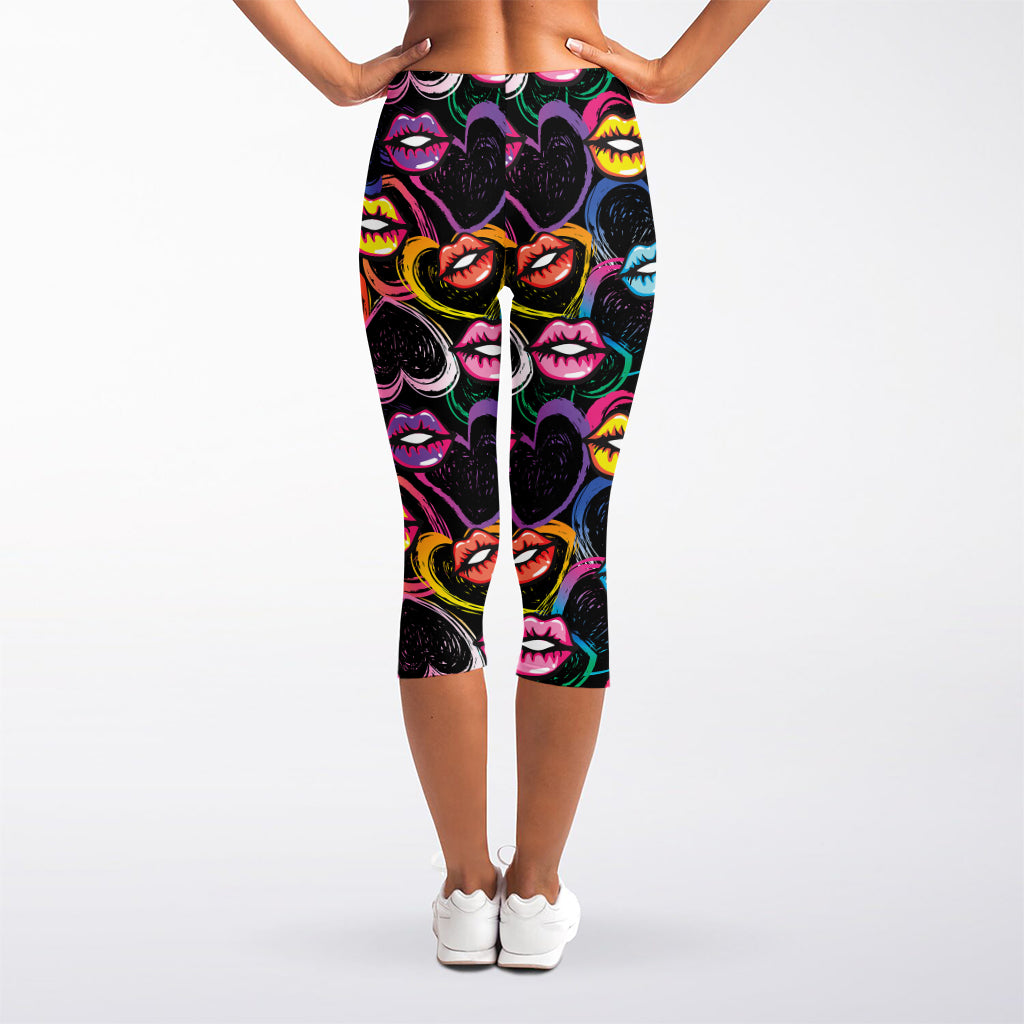 Funky Kiss Lips Pattern Print Women's Capri Leggings