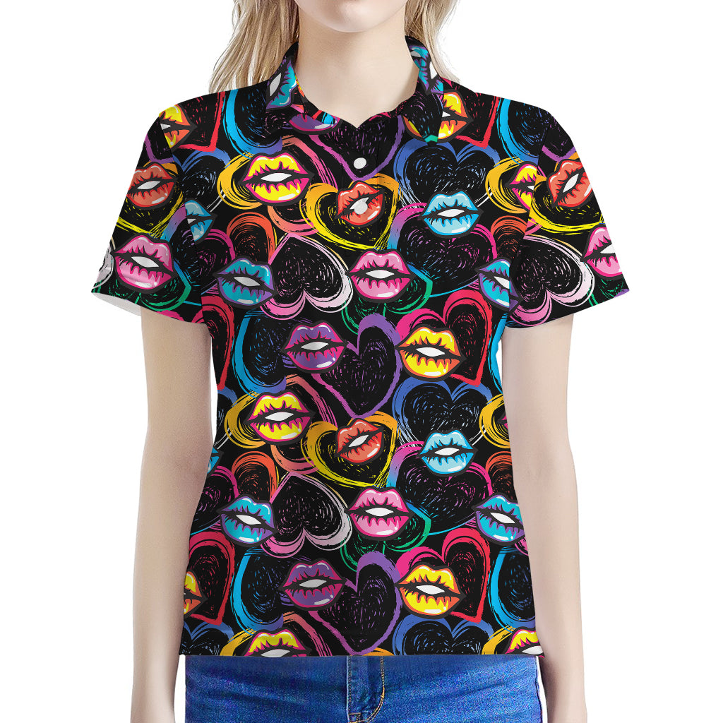 Funky Kiss Lips Pattern Print Women's Polo Shirt