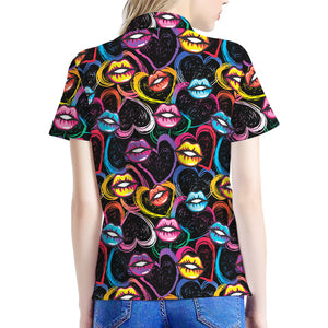 Funky Kiss Lips Pattern Print Women's Polo Shirt