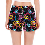 Funky Kiss Lips Pattern Print Women's Split Running Shorts