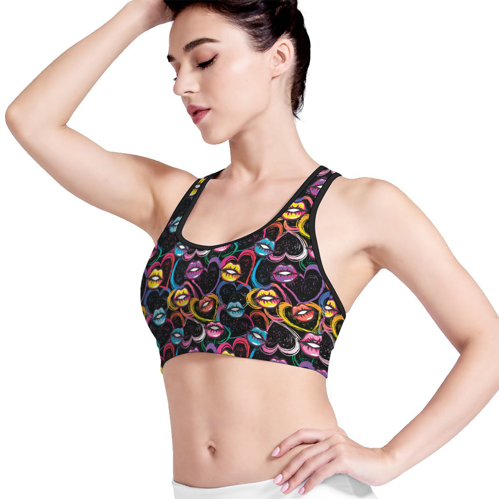 Funky Kiss Lips Pattern Print Women's Sports Bra