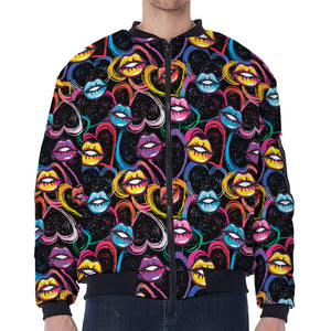 Funky Kiss Lips Pattern Print Zip Sleeve Bomber Jacket