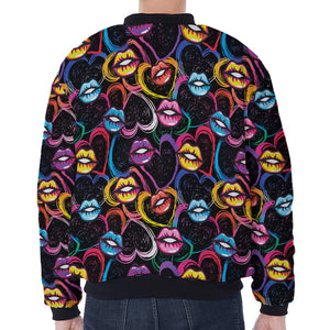 Funky Kiss Lips Pattern Print Zip Sleeve Bomber Jacket