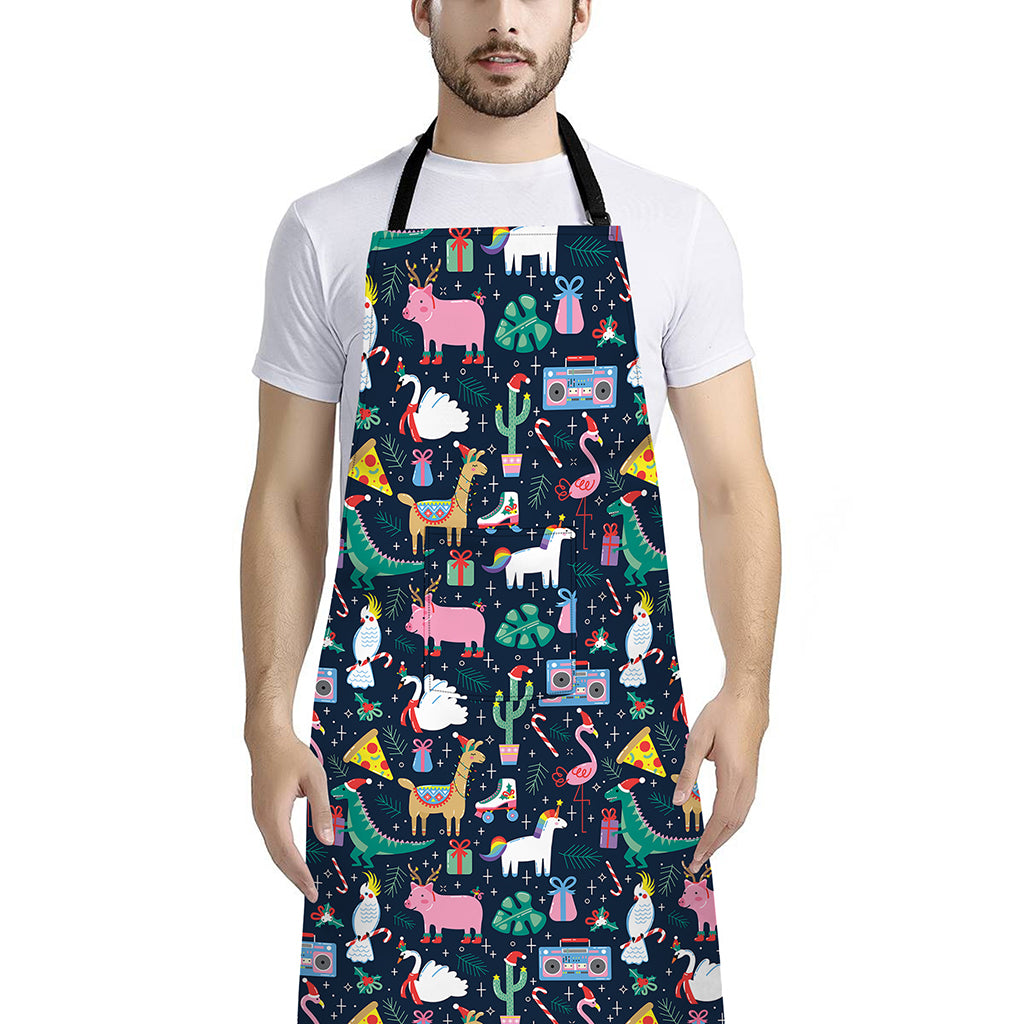 Funny Christmas Animals Pattern Print Bib Apron With Pocket