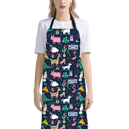 Funny Christmas Animals Pattern Print Bib Apron With Pocket
