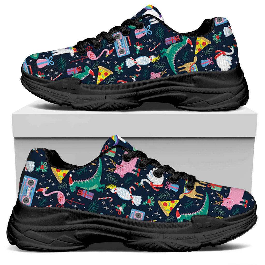 Funny Christmas Animals Pattern Print Black Chunky Shoes