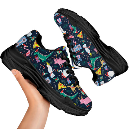 Funny Christmas Animals Pattern Print Black Chunky Shoes