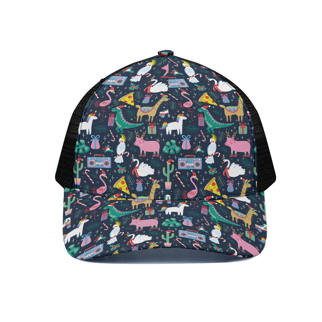 Funny Christmas Animals Pattern Print Black Mesh Trucker Cap