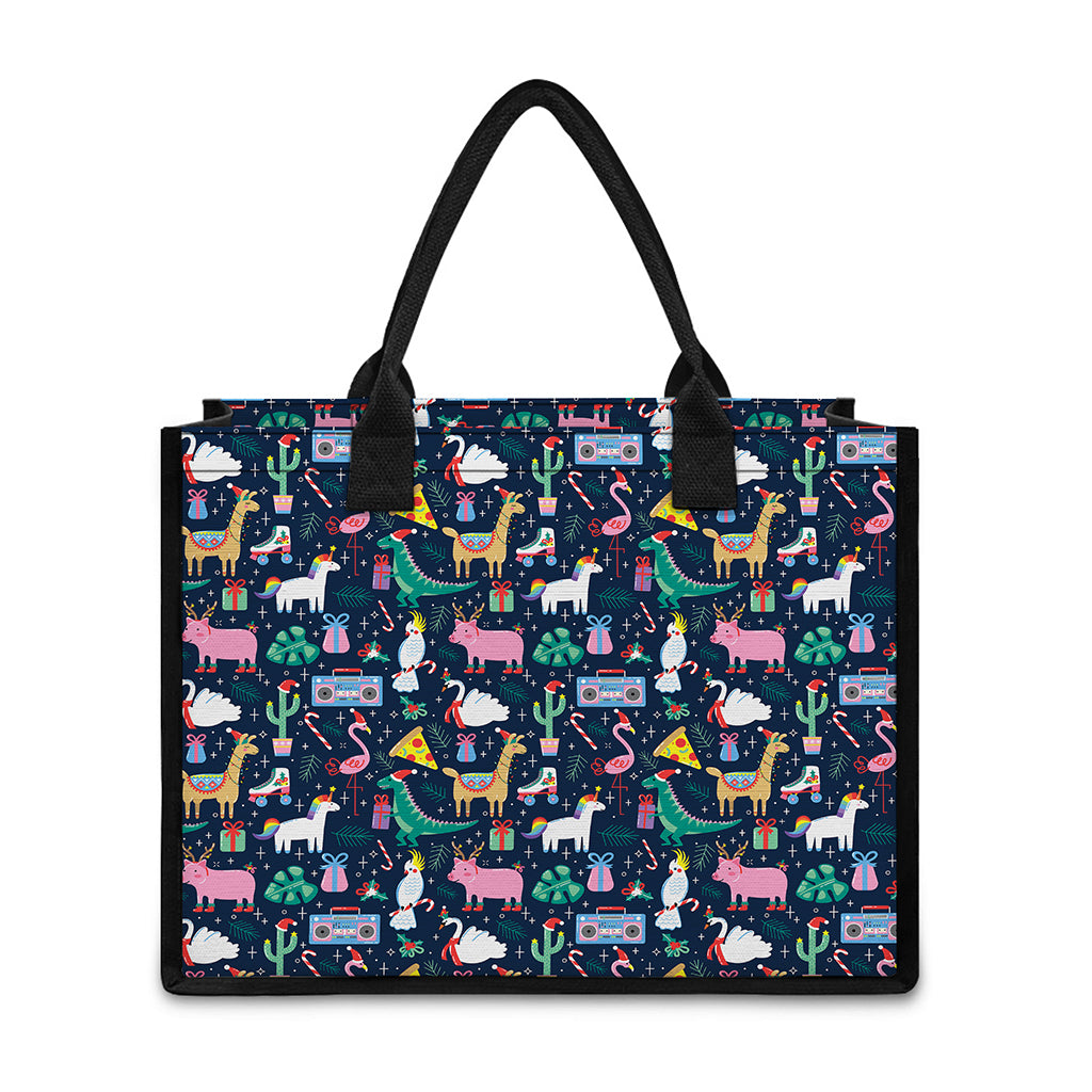 Funny Christmas Animals Pattern Print Canvas Tote Bag