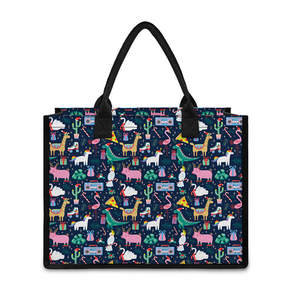 Funny Christmas Animals Pattern Print Canvas Tote Bag