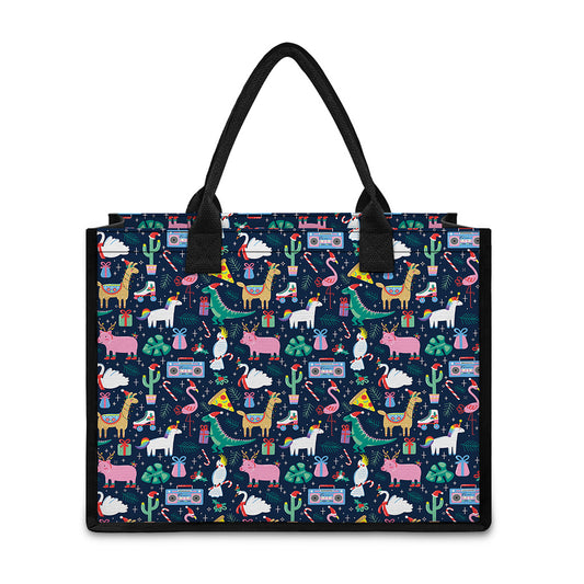 Funny Christmas Animals Pattern Print Canvas Tote Bag