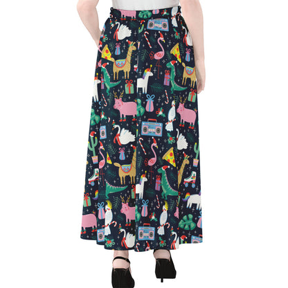 Funny Christmas Animals Pattern Print Chiffon Maxi Skirt