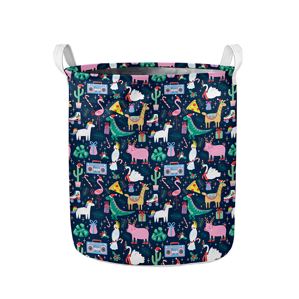 Funny Christmas Animals Pattern Print Collapsible Laundry Basket