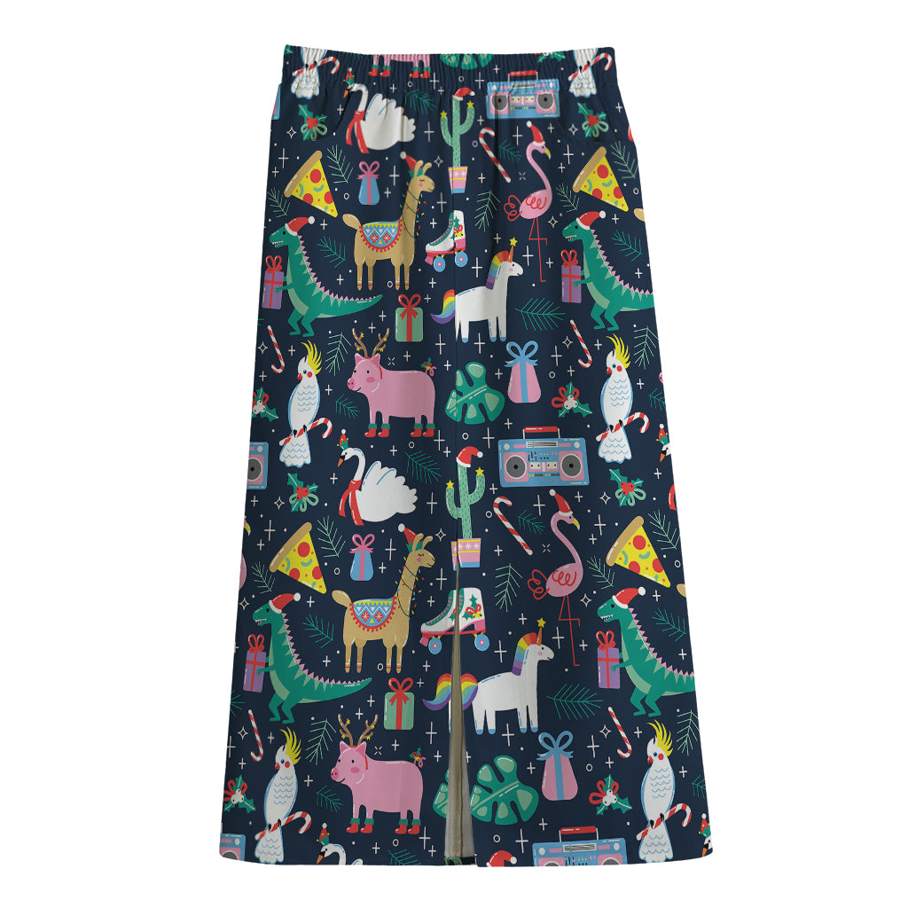 Funny Christmas Animals Pattern Print Cotton Front Slit Maxi Skirt