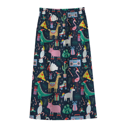 Funny Christmas Animals Pattern Print Cotton Front Slit Maxi Skirt