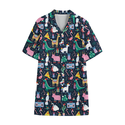 Funny Christmas Animals Pattern Print Cotton Hawaiian Shirt
