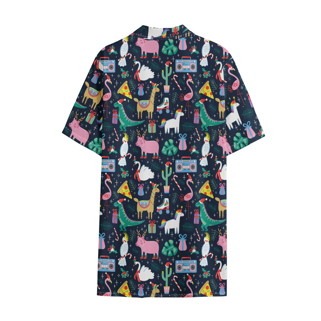 Funny Christmas Animals Pattern Print Cotton Hawaiian Shirt