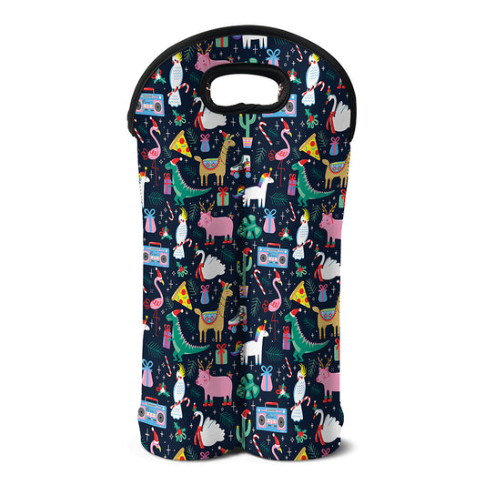 Funny Christmas Animals Pattern Print Double Neoprene Wine Tote