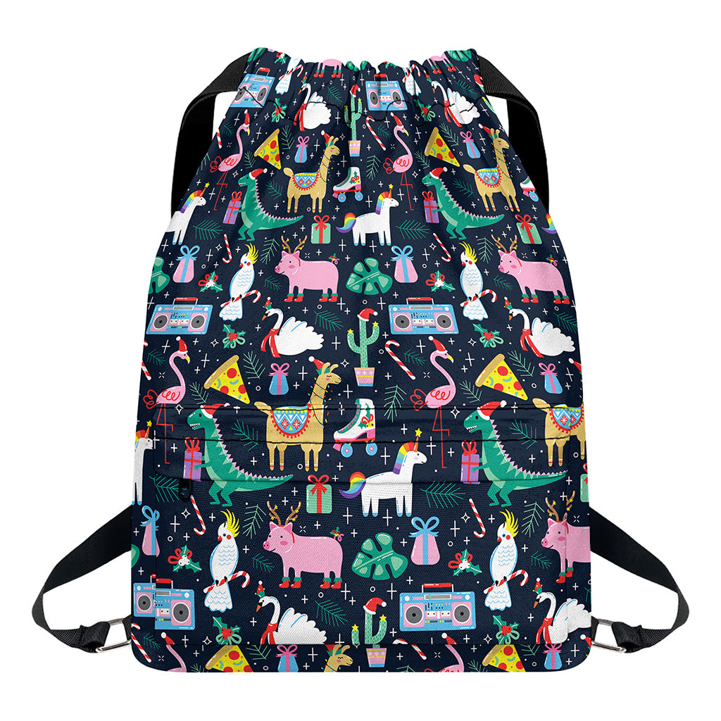 Funny Christmas Animals Pattern Print Drawstring Backpack