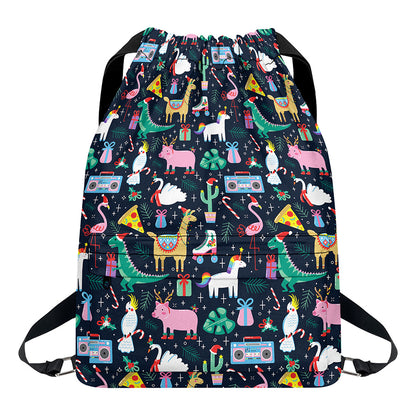 Funny Christmas Animals Pattern Print Drawstring Backpack