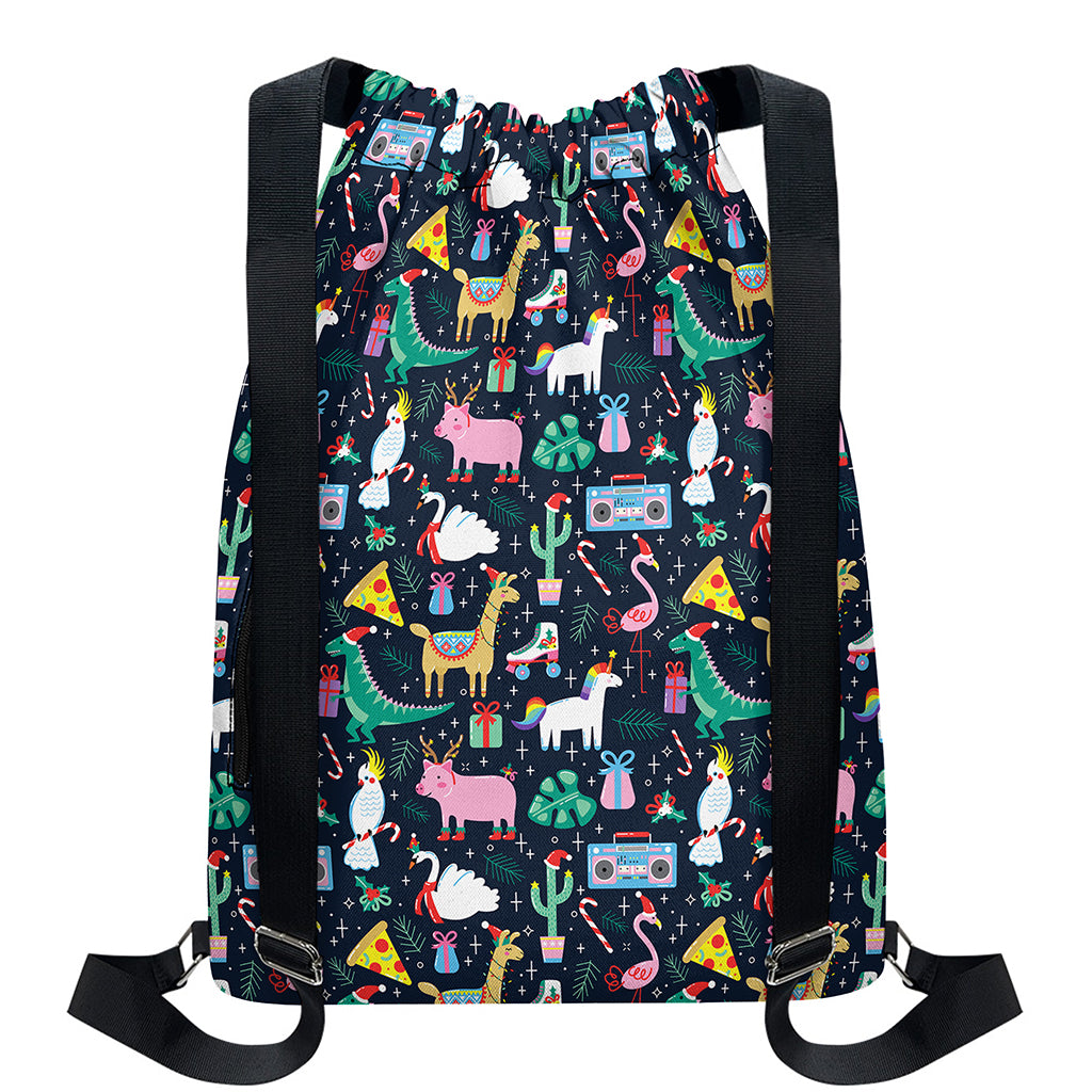Funny Christmas Animals Pattern Print Drawstring Backpack