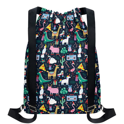 Funny Christmas Animals Pattern Print Drawstring Backpack