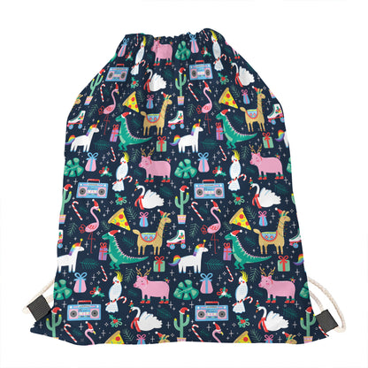 Funny Christmas Animals Pattern Print Drawstring Bag