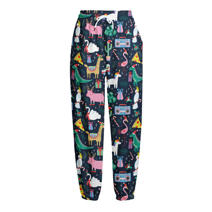 Funny Christmas Animals Pattern Print Fleece Lined Knit Pants