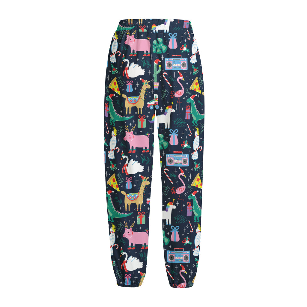 Funny Christmas Animals Pattern Print Fleece Lined Knit Pants