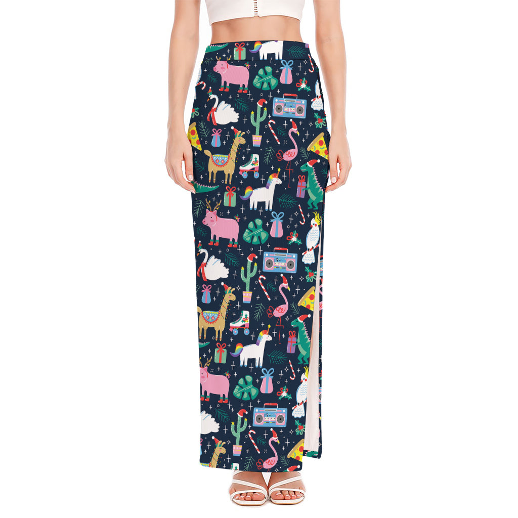 Funny Christmas Animals Pattern Print High Slit Maxi Skirt
