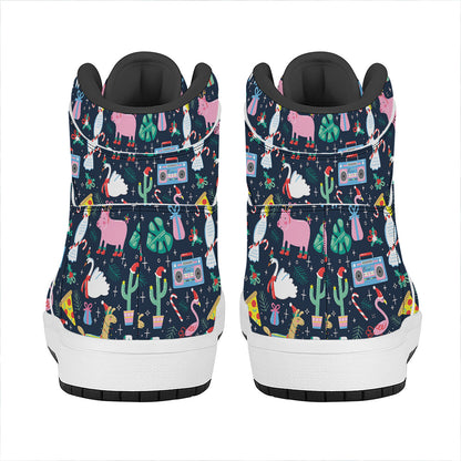 Funny Christmas Animals Pattern Print High Top Leather Sneakers