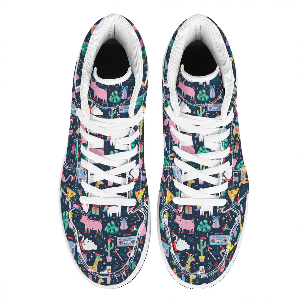 Funny Christmas Animals Pattern Print High Top Leather Sneakers