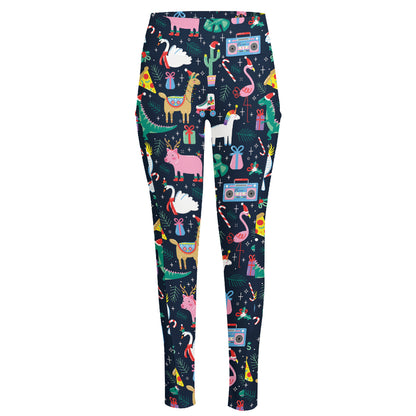 Funny Christmas Animals Pattern Print High-Waisted Pocket Leggings