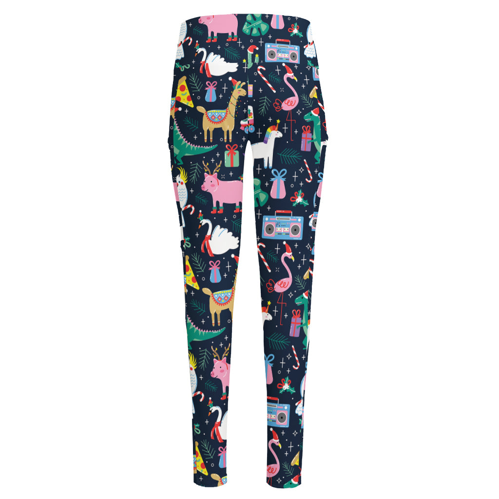 Funny Christmas Animals Pattern Print High-Waisted Pocket Leggings