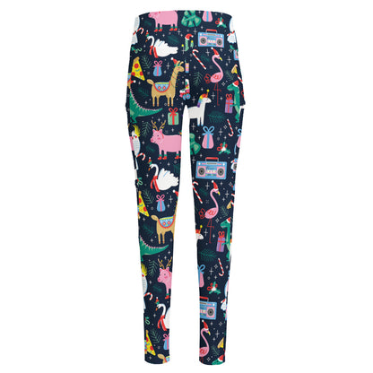 Funny Christmas Animals Pattern Print High-Waisted Pocket Leggings