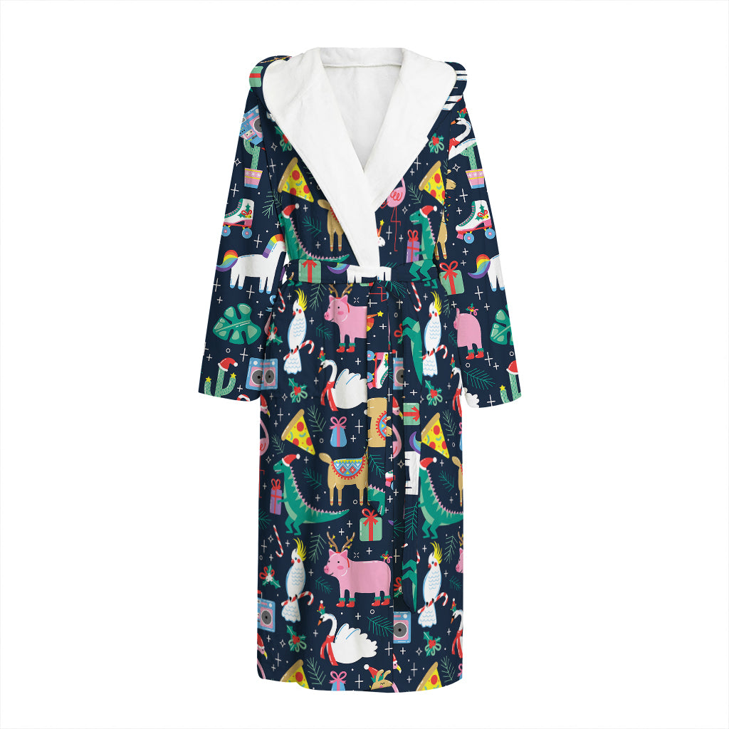 Funny Christmas Animals Pattern Print Hooded Bathrobe