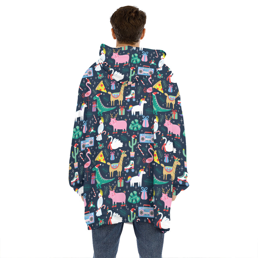 Funny Christmas Animals Pattern Print Hoodie Blanket