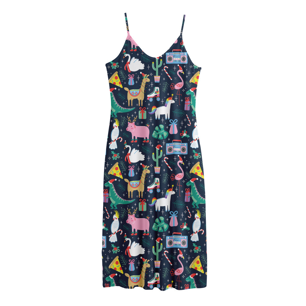 Funny Christmas Animals Pattern Print Jersey Midi Cami Dress