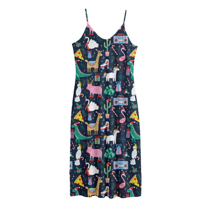 Funny Christmas Animals Pattern Print Jersey Midi Cami Dress