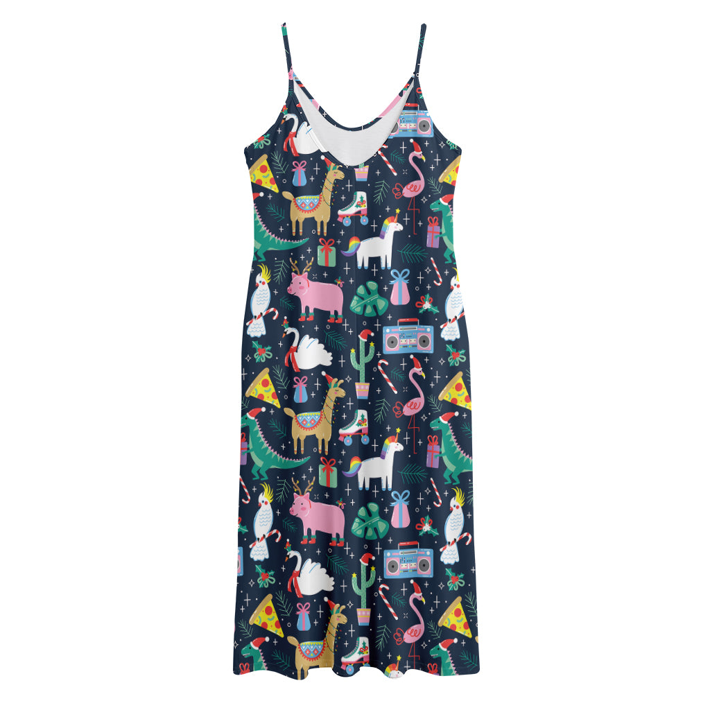 Funny Christmas Animals Pattern Print Jersey Midi Cami Dress