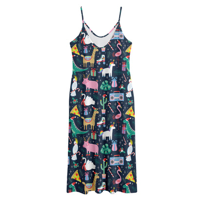 Funny Christmas Animals Pattern Print Jersey Midi Cami Dress