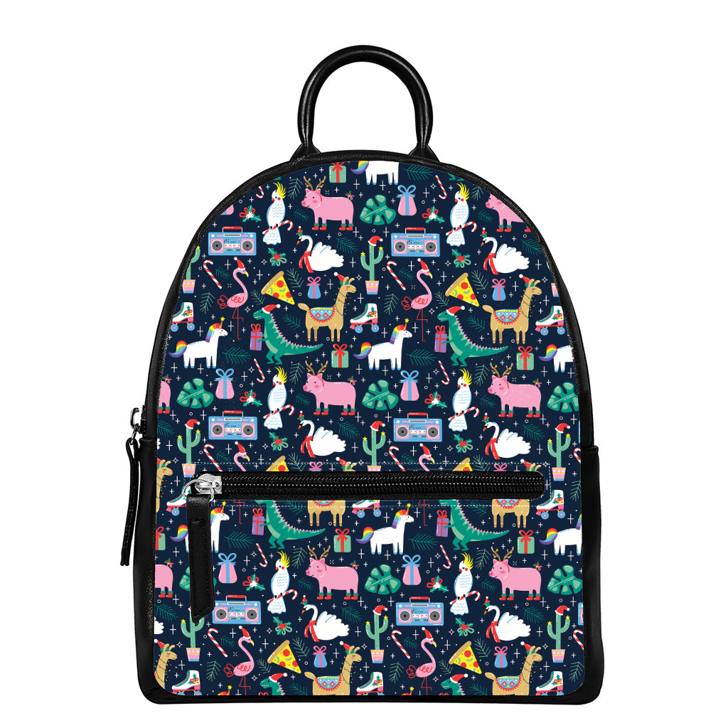 Funny Christmas Animals Pattern Print Leather Backpack