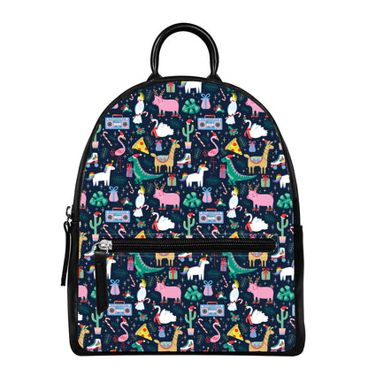 Funny Christmas Animals Pattern Print Leather Backpack