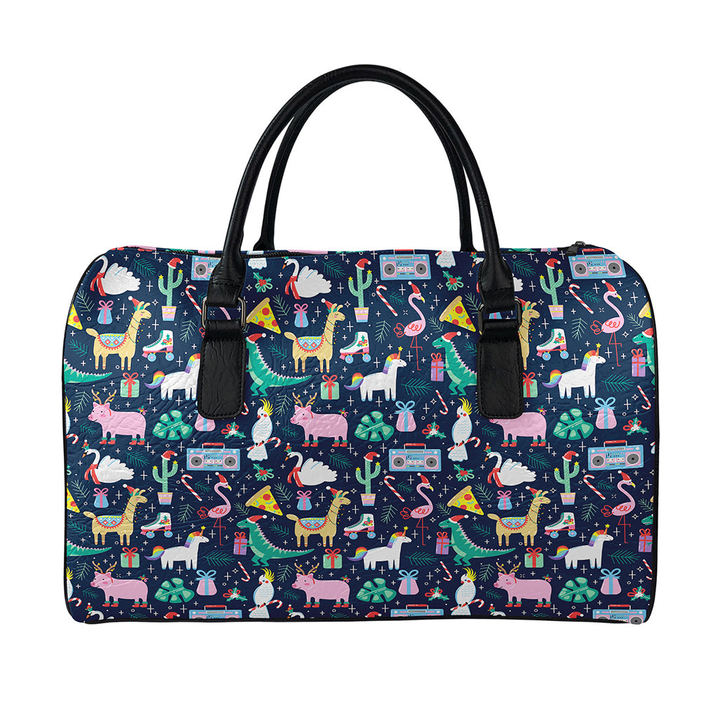 Funny Christmas Animals Pattern Print Leather Duffle Bag