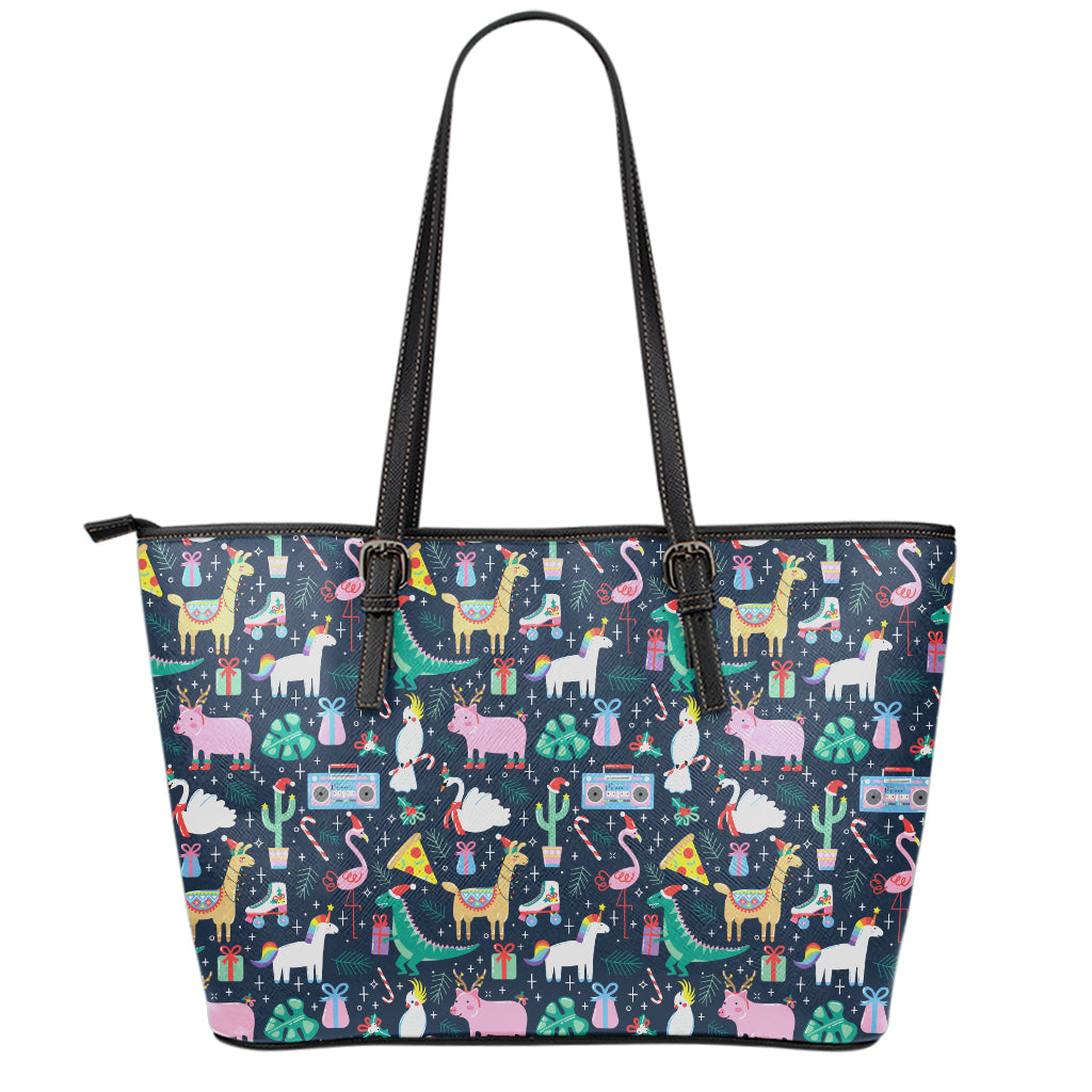 Funny Christmas Animals Pattern Print Leather Tote Bag