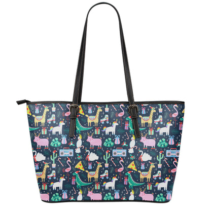 Funny Christmas Animals Pattern Print Leather Tote Bag
