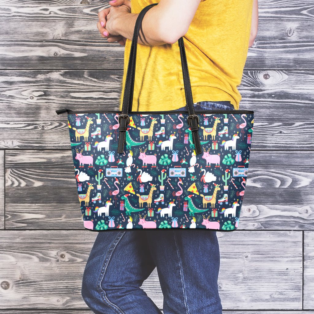 Funny Christmas Animals Pattern Print Leather Tote Bag