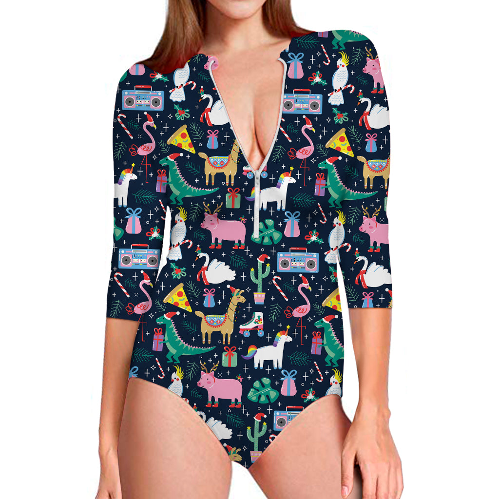 Funny Christmas Animals Pattern Print Long Sleeve Swimsuit