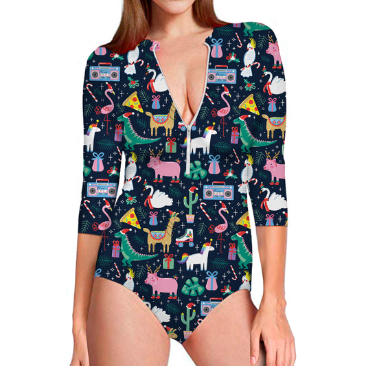 Funny Christmas Animals Pattern Print Long Sleeve Swimsuit