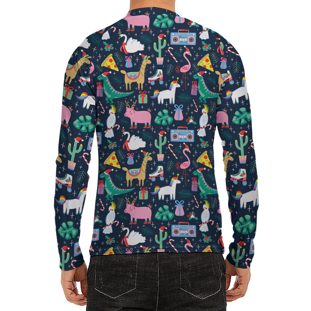 Funny Christmas Animals Pattern Print Men's Long Sleeve Rash Guard